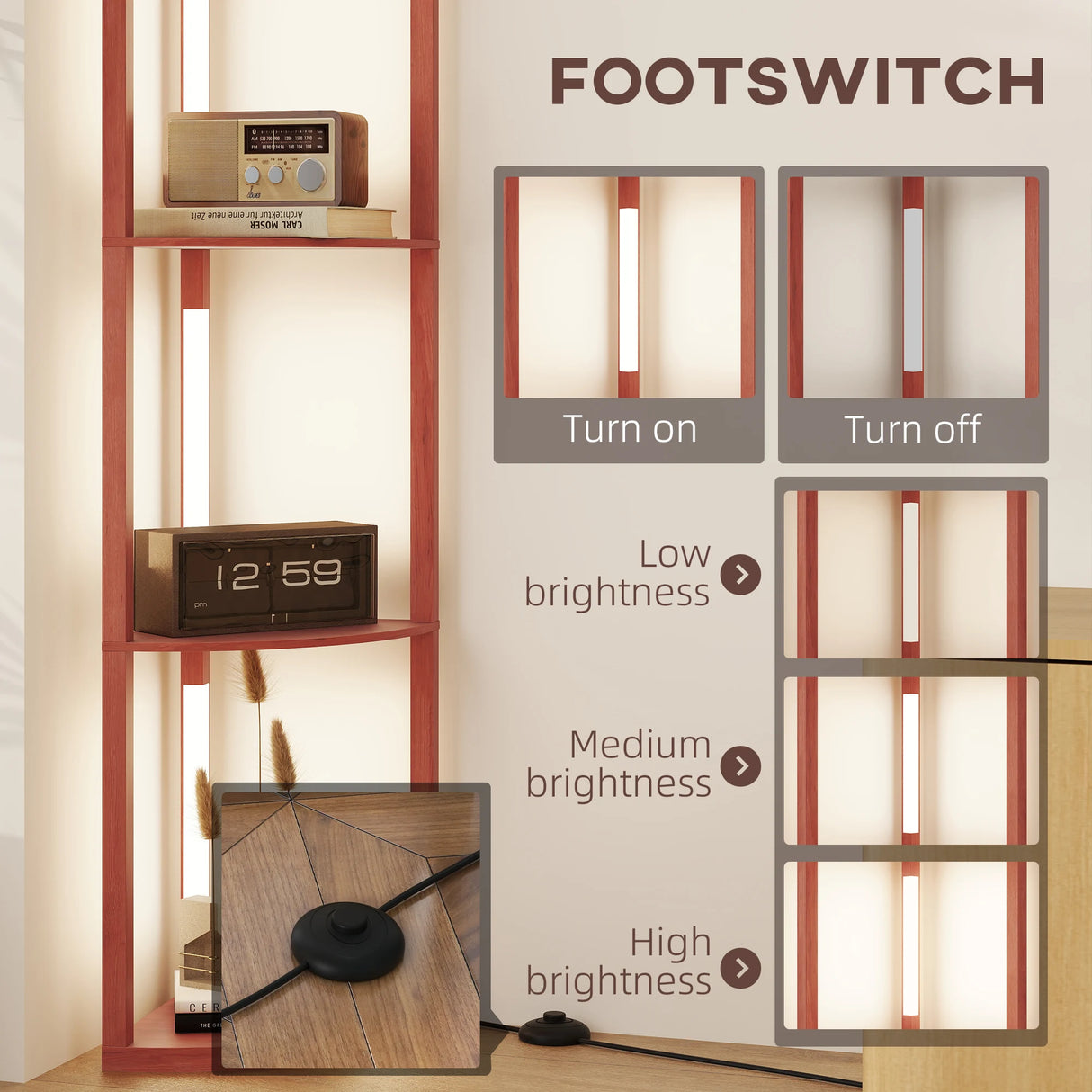 HOMCOM Corner Floor Lamp for Living Room Bedroom with Dimmable Warm White LED Light, Modern Tall Standing Lamp, Brown