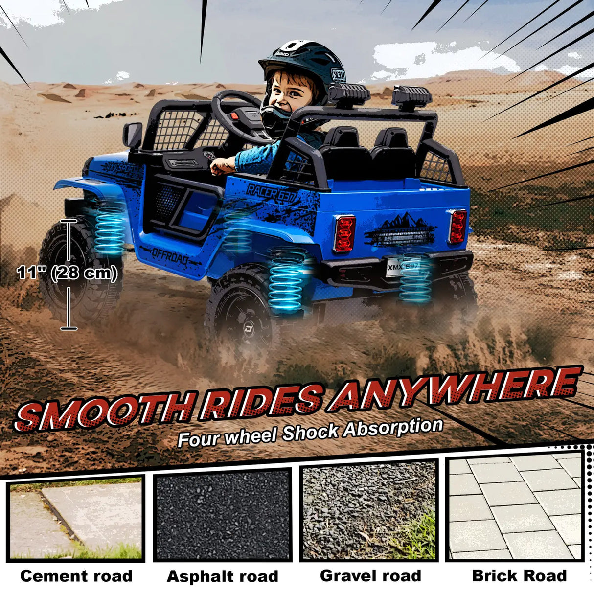 AIYAPLAY 12V Battery Powered Kids Ride-On Car, Electric Truck w/ Spring Suspension, Remote, Music, Horn, Lights, Blue