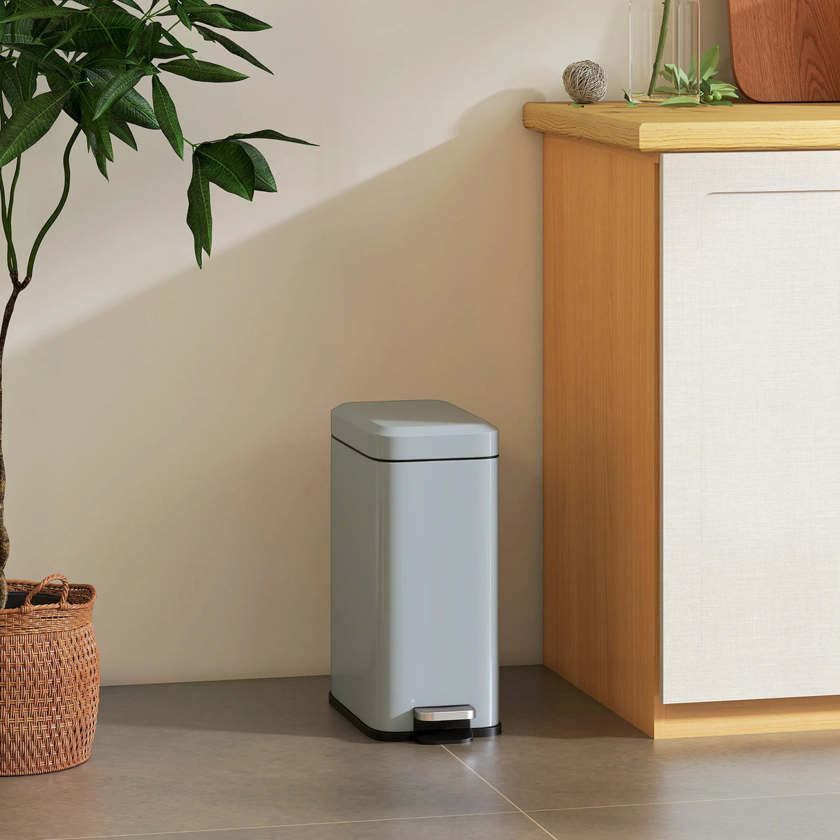 HOMCOM 5L Rectangular Compact Bin Steel Body Removable Bucket Quiet-Close Lid w/ Pedal Lid Rubbish Trash Can Home Office Bedroom Bathroom Living Room Garbage Tidy Clean Grey