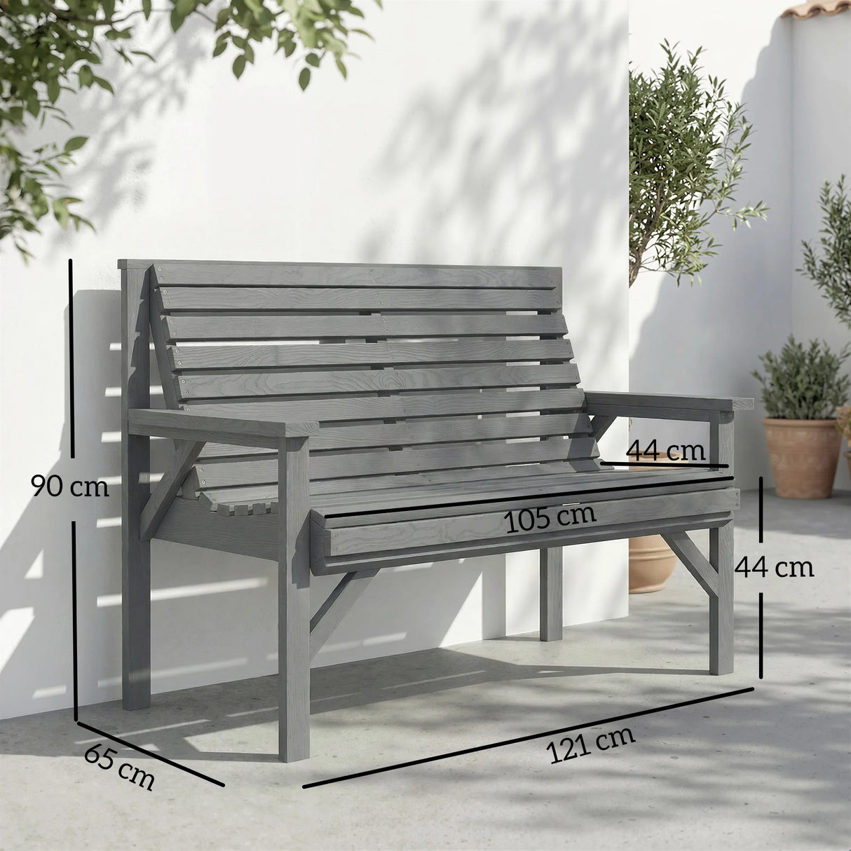 Outsunny 2 Seater Wooden Garden Bench, Slatted Patio Bench with Armrest and Backrest, Outdoor Furniture for Indoor, Balcony