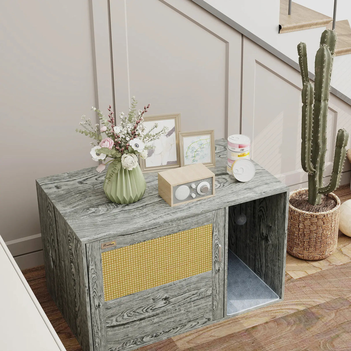 PawHut Cat Litter Box Enclosure with Rattan Door, Scratching Mat, Toy Ball, Non-Slip Foot Pads, Grey