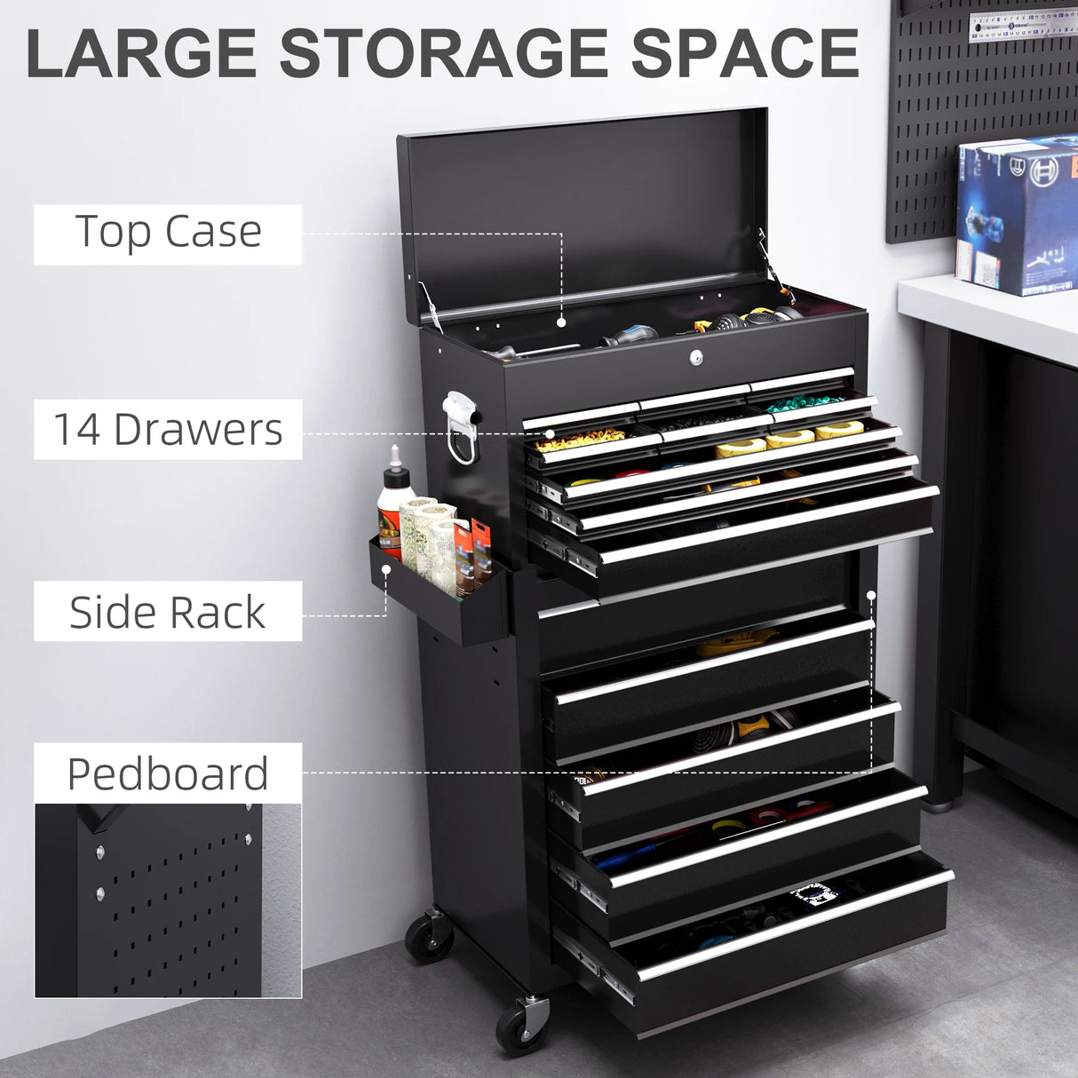 HOMCOM 14 Drawer, Two-Part Tool Storage Chest on Wheels - Black