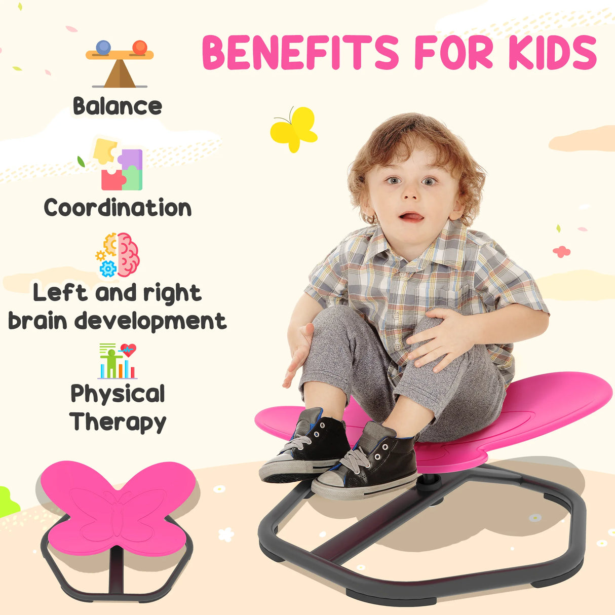 AIYAPLAY Butterfly-Shaped-kids Swivel Chair, Sensory Spinning Chair for Balance, Coordination Training, Pink
