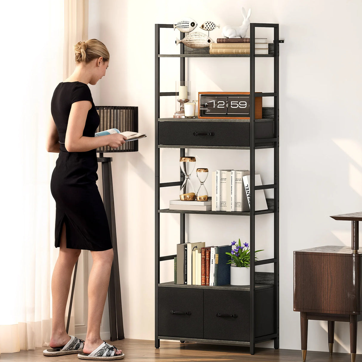 HOMCOM Industrial Bookcase, 6-Tier Tall Bookshelf with 3 Fabric Drawers - Grey