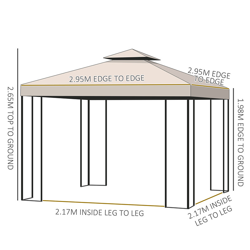 Outsunny 3 x 3 m Garden Gazebo Double Roof Marquee Patio Wedding Party Tent Canopy Shelter with Sidewalls, (Beige)