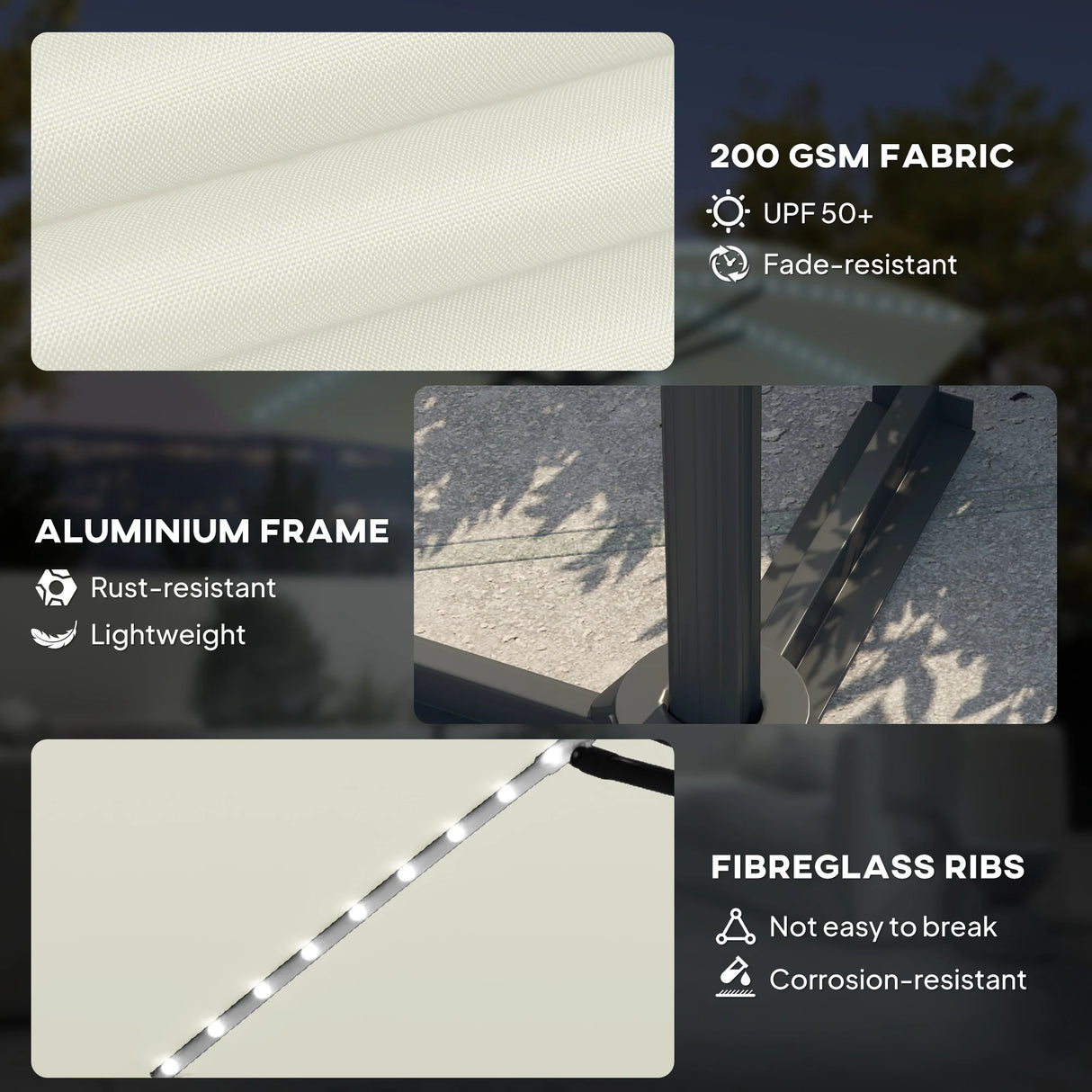 Outsunny 3(m) Cantilever Garden Parasol with Solar Powered Lights, Crank Handle & Cross Base, UPF 50+, 360 Rotation, Cream