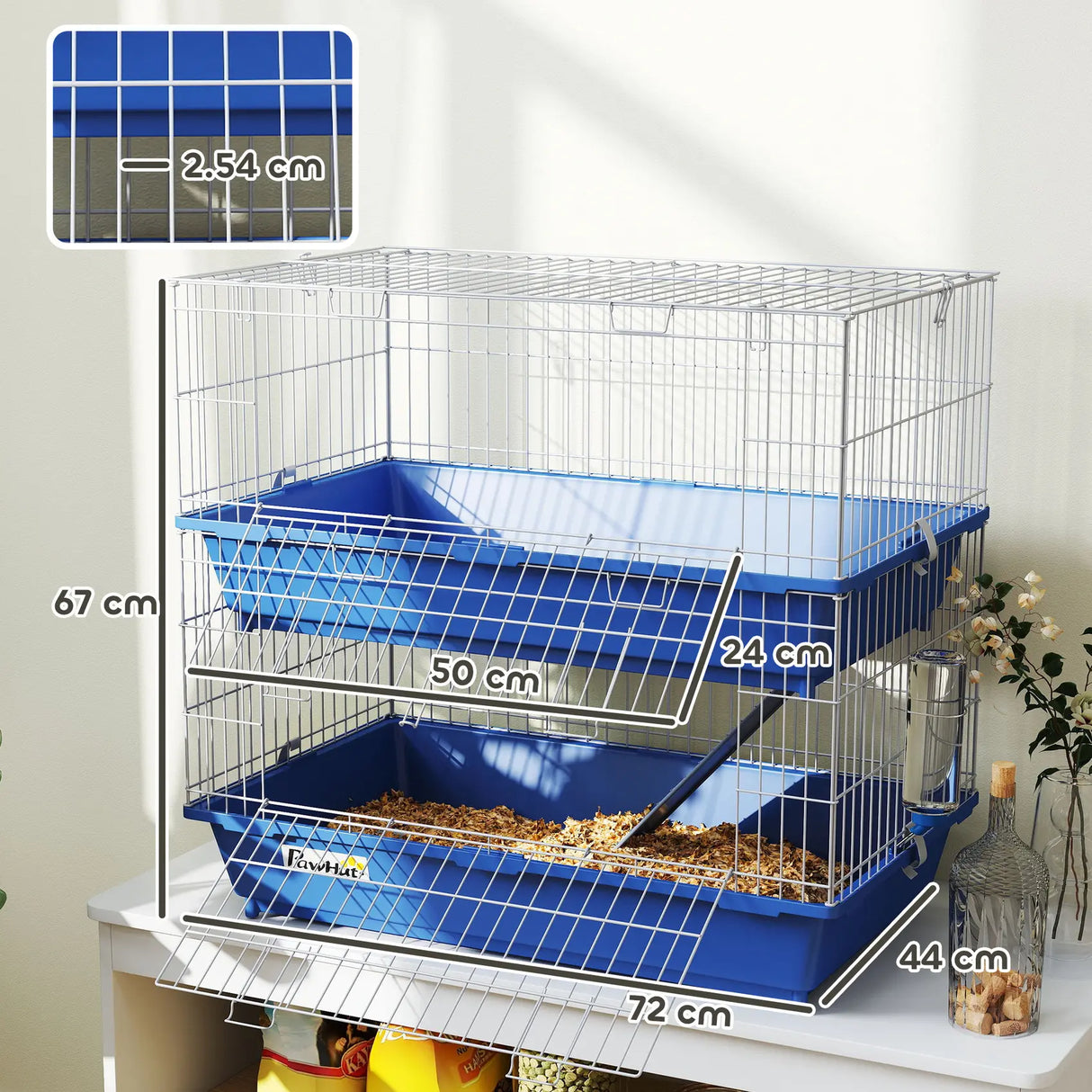 PawHut Double Tier Small Animal Cage Rabbit Chinchillas Cage w/ Ramp Food Dish Water Bottle Deep Trays Pet Home 72 x 44 x 67 cm