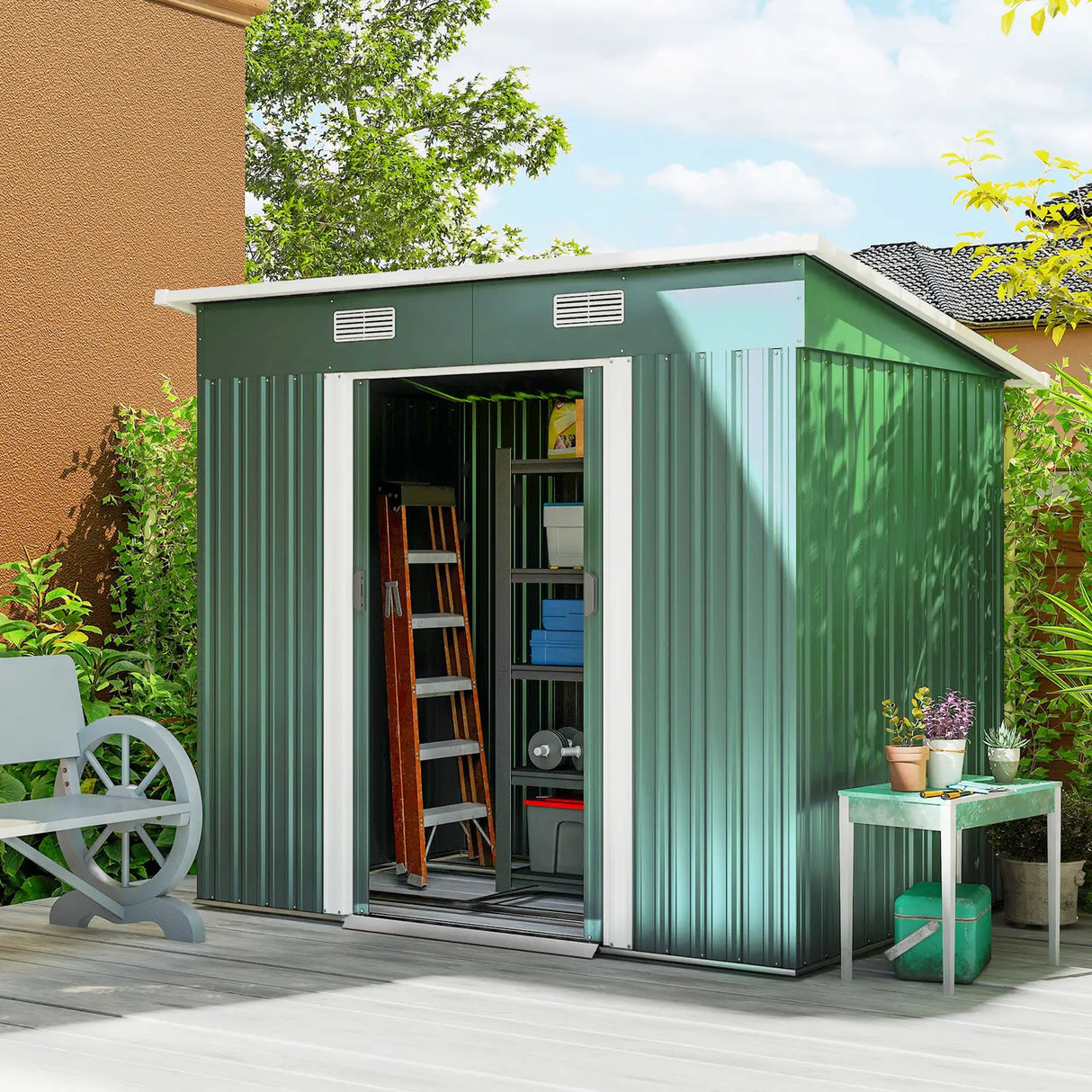 Outsunny 7 x 4ft Outdoor Storage Shed with Foundation Kit, Lean to Metal Garden Shed for Log, Rubbish Bin, Tool, Lawnmower, Bike, Patio and Lawn Use, Green