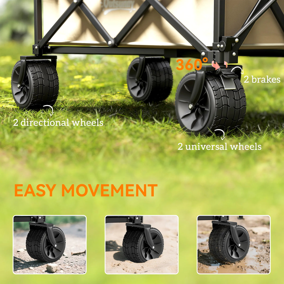 Outsunny Folding Garden Trolley, Outdoor Wagon Cart with Carry Bag, for Beach, Camping, Festival, 120KG Capacity, Khaki