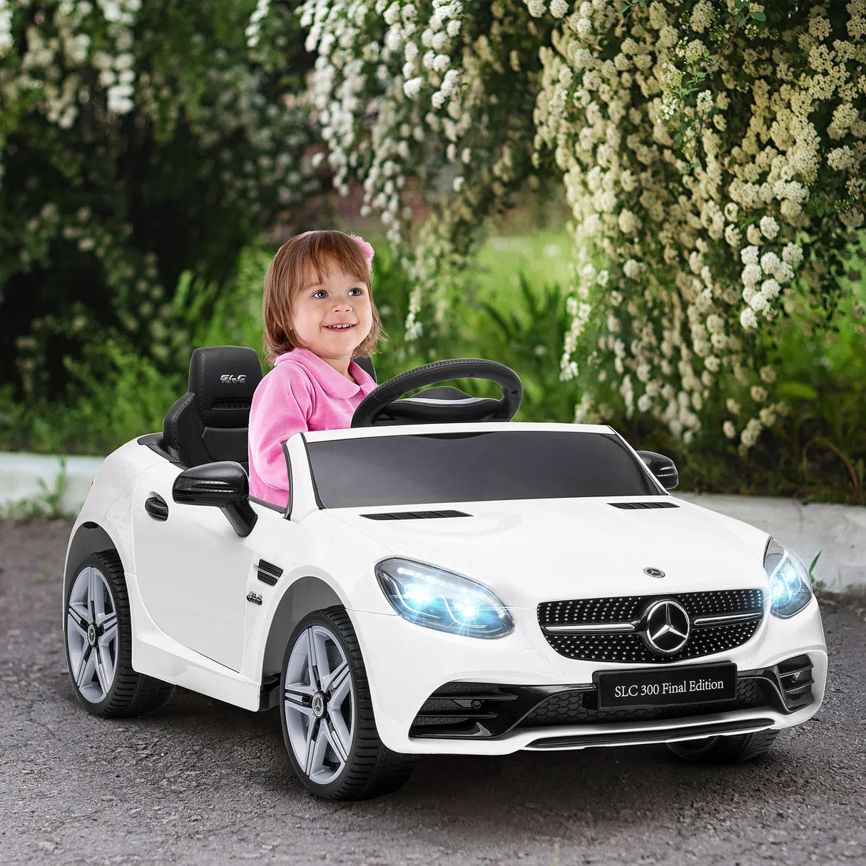 HOMCOM Benz SLC 300 Licensed 12V Kids Electric Ride On, with Music, Remote Control, LED Headlights, Horn, White