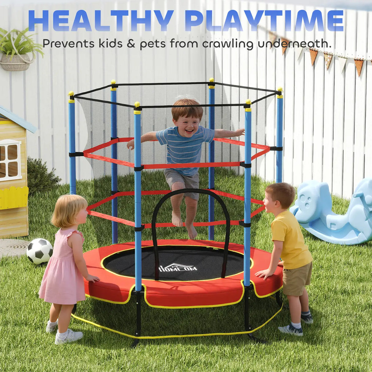 HOMCOM Kids Trampoline, with Safety Net, for Ages 3-10 Years