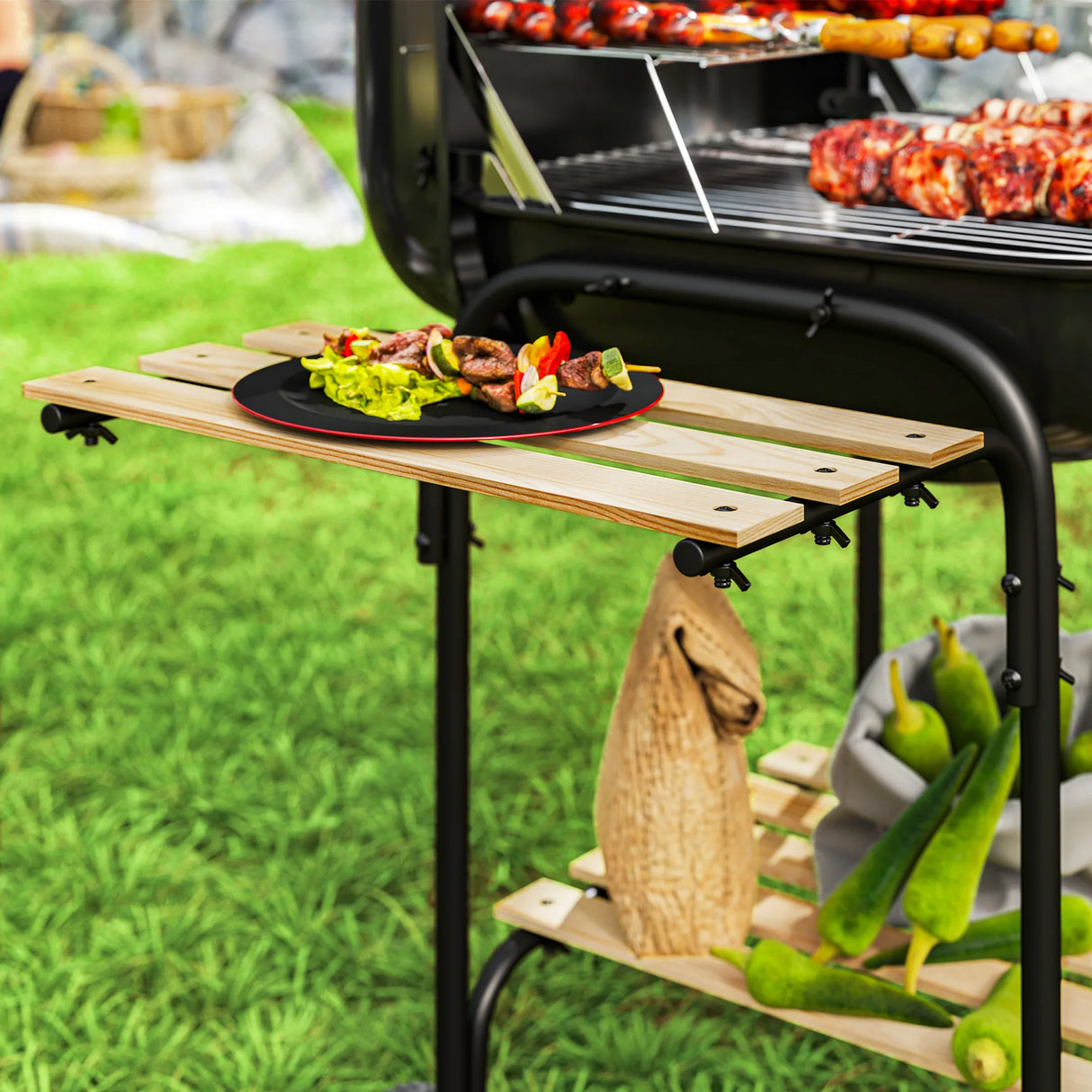 Outsunny Charcoal Barbecue Grill Portable BBQ Grill with 1840 cm2 Cooking Area, 3 Shelves, Adjustable Vent, Lockable Lid, Wheels for Outdoor Cooking, Garden Party, Black