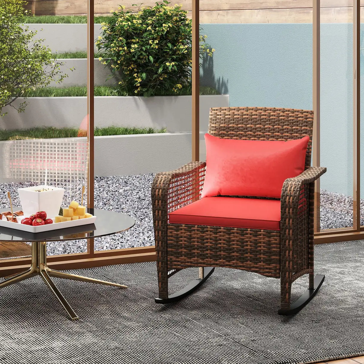 Outsunny Rattan Rocking Chair - Red