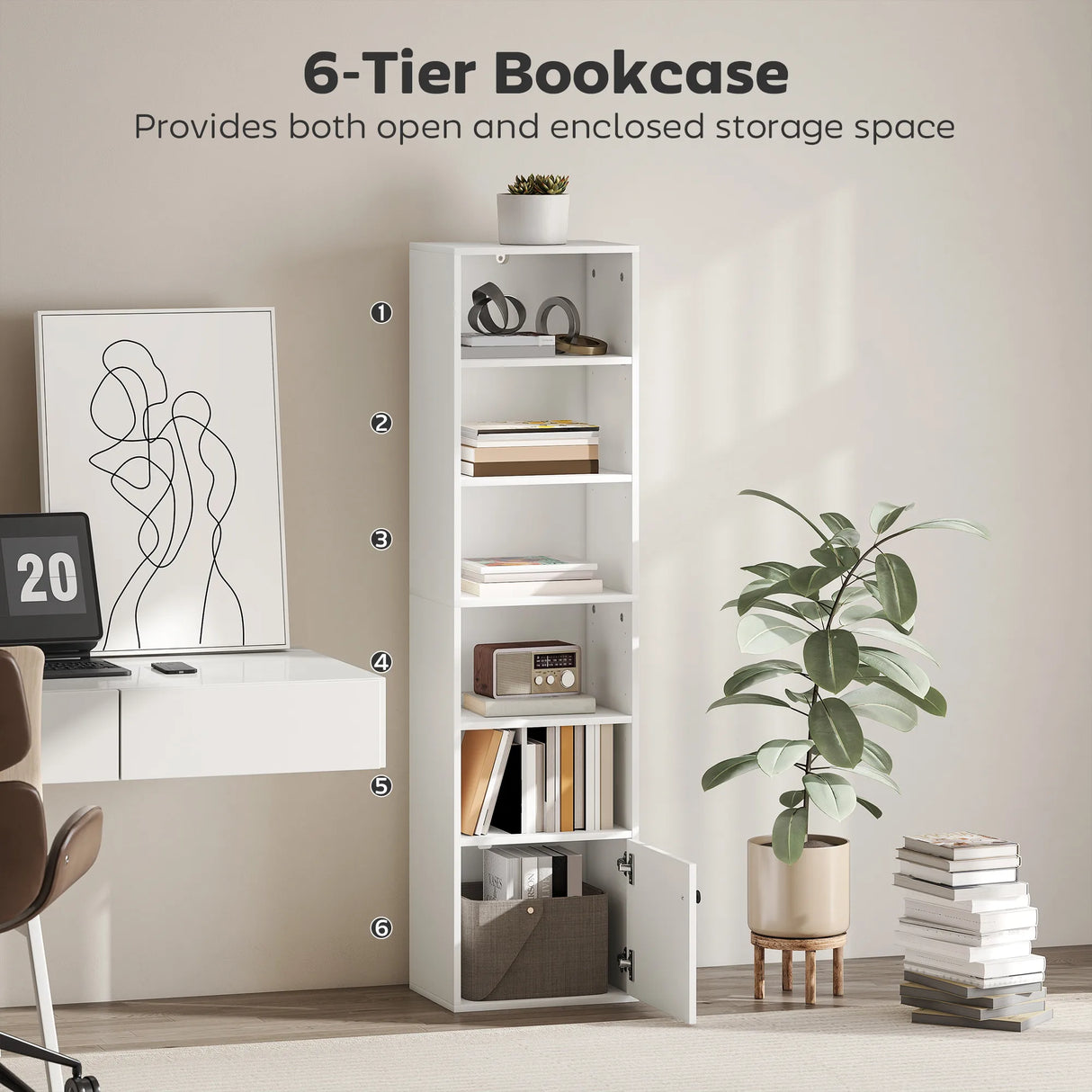 HOMCOM 6-Tier 156 cm Tall Bookcase - White