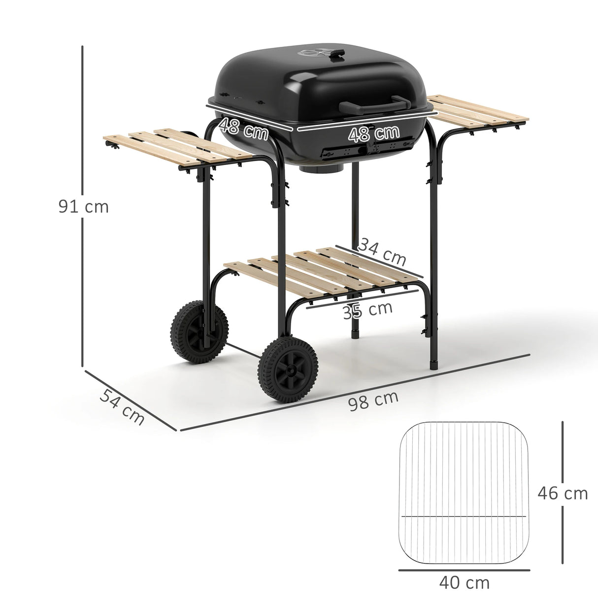 Outsunny Charcoal Barbecue Grill Portable BBQ Grill with 1840 cm2 Cooking Area, 3 Shelves, Adjustable Vent, Lockable Lid, Wheels for Outdoor Cooking, Garden Party, Black