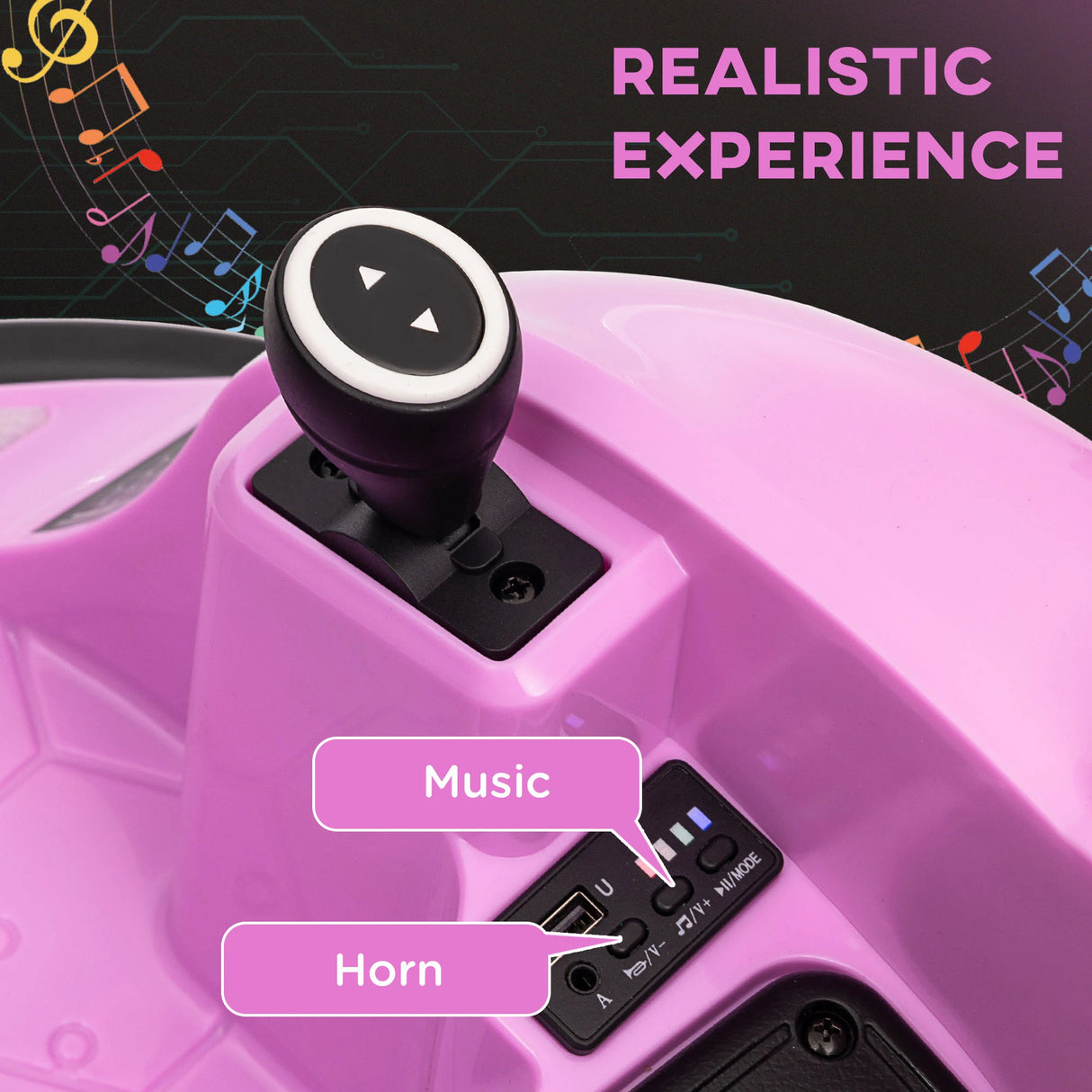 AIYAPLAY 360 Rotation Kids Bumper Car, 12V Waltz Car with Remote Control, Dual Joystick, Music, Lights, Pink