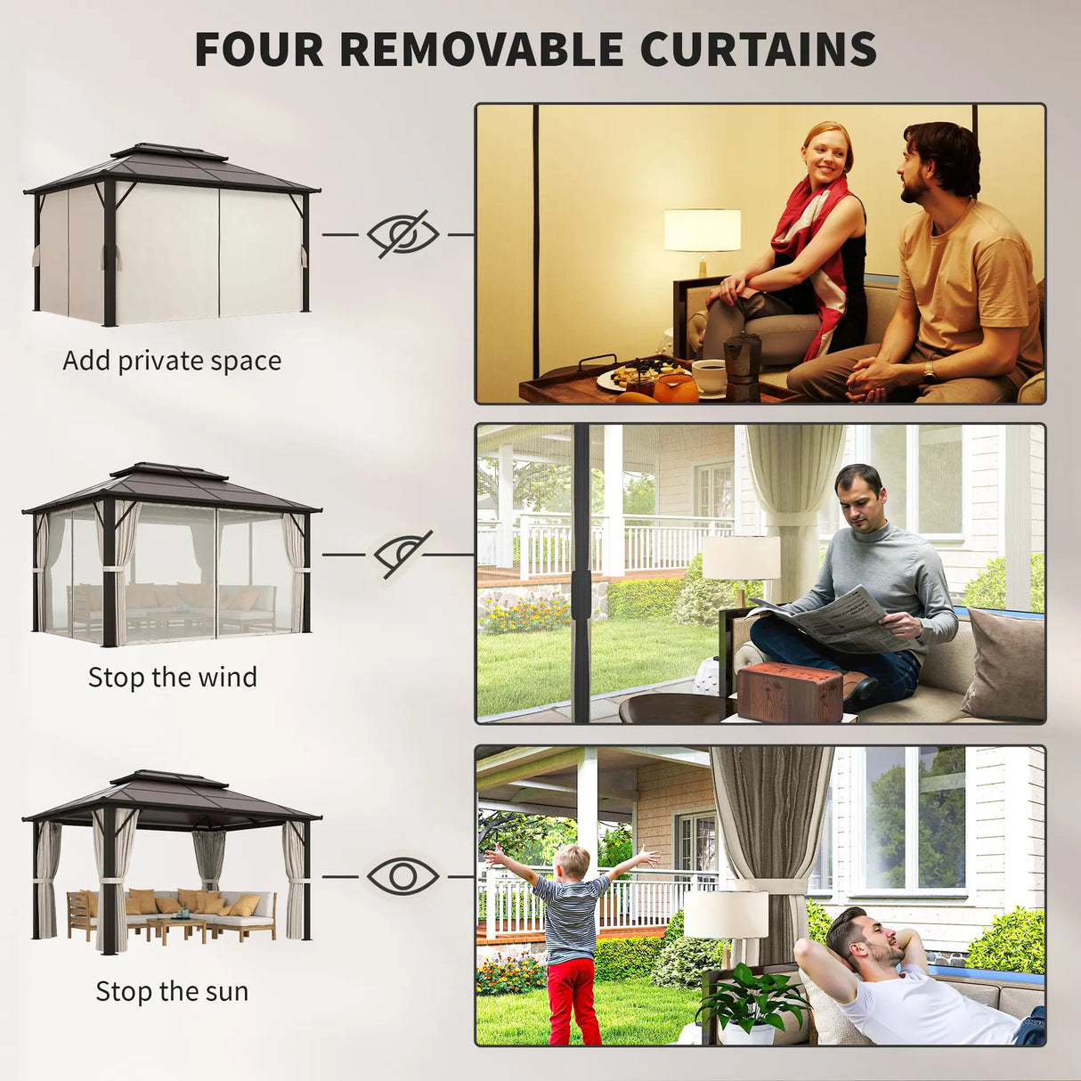 Outsunny 3 x 4m Hardtop Gazebo Canopy with UPF30+ Double Polycarbonate Roof, Aluminium Frame Garden Gazebo Permanent Pavilion with Mosquito Netting and Curtains for Patio, Deck, Beige
