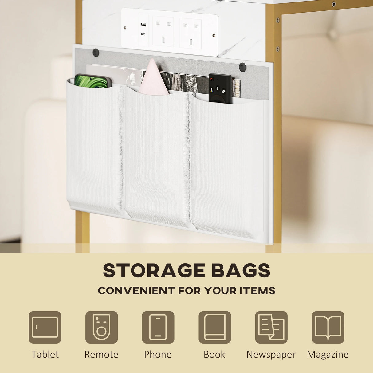 HOMCOM C-Shaped Bedside Table with Charging Station, Marble Grain Side Table with Power Outlets & USB Ports, Storage Bags, for Bedroom, Living Room, White