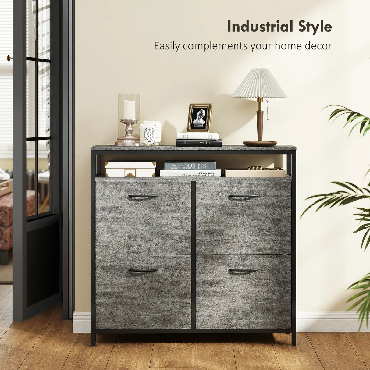 HOMCOM Shoe Storage Cabinet with 4 Flip Drawers and Open Shelf - Cement Grey