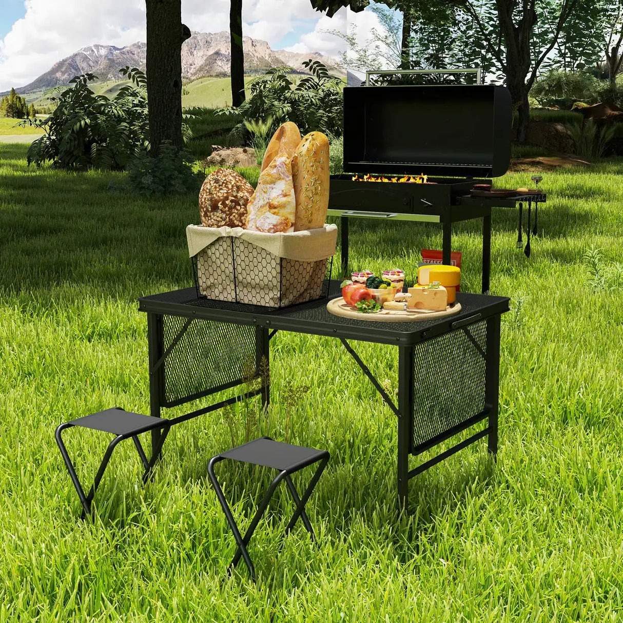 Outsunny Folding Grill Table, 4.5ft Portable Camping Table with 2 Wing Panels, Height Adjustable Metal Picnic Table for Camping, Picnic and BBQ, Black