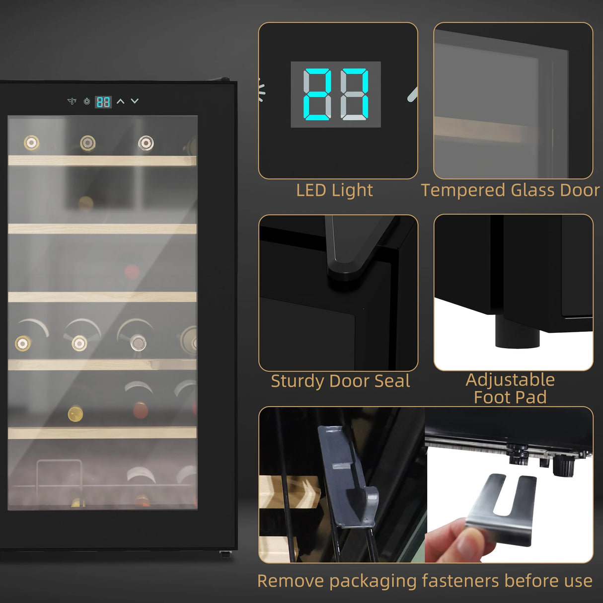 HOMCOM 24 Bottle Wine Fridge, 65 Litre Capacity, 43cm Freestanding Wine Cooler Fridge with Glass Door, LED Light, Digital Touch Screen, Temperature Control, Black