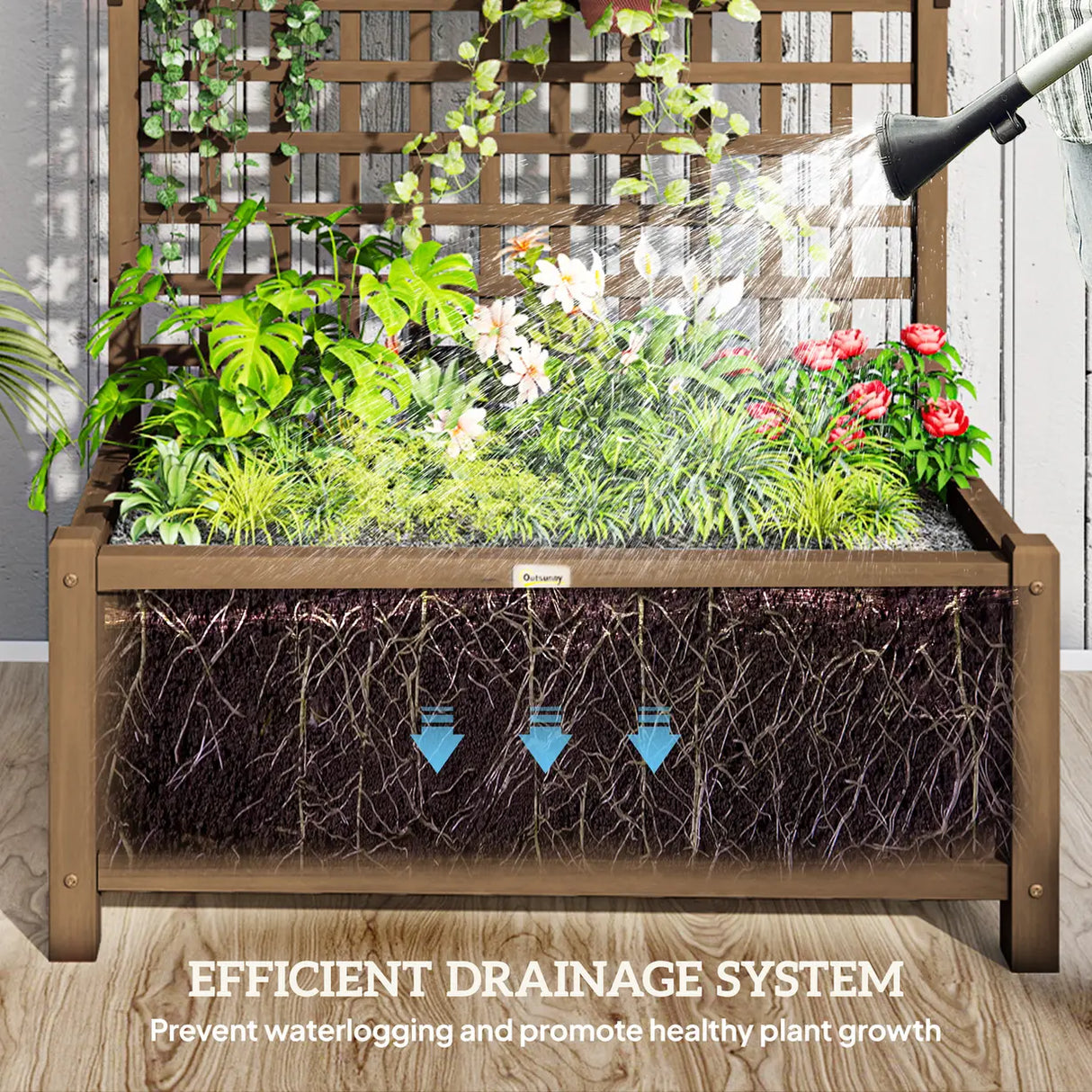 Outsunny Raised Bed with Drainage Holes, Wood Planter with Trellis for Climbing Plants to Grow Vegetables, Flowers, Brown