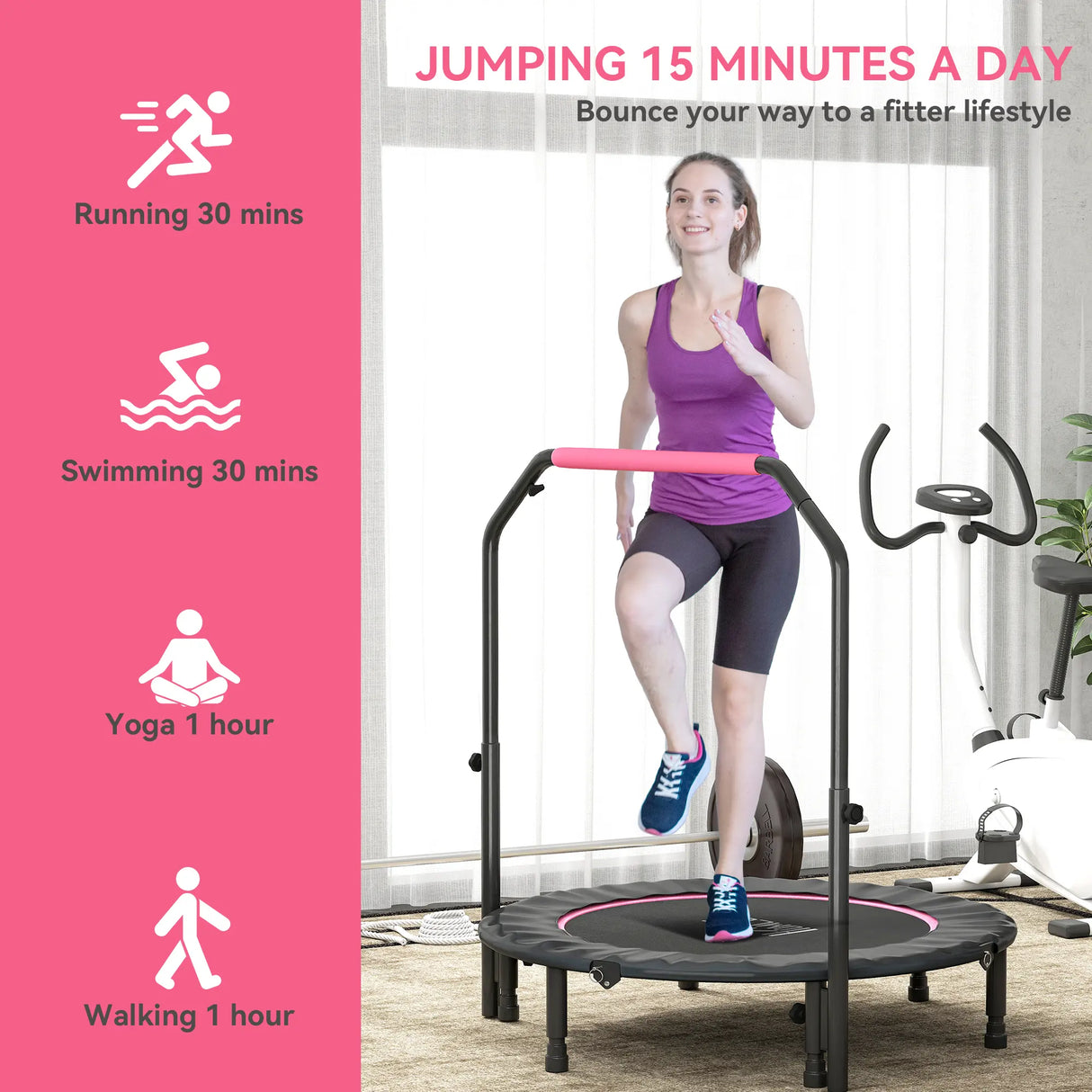 HOMCOM 45" Foldable Mini Fitness Trampoline, with Adjustable Foam Handle, Pink