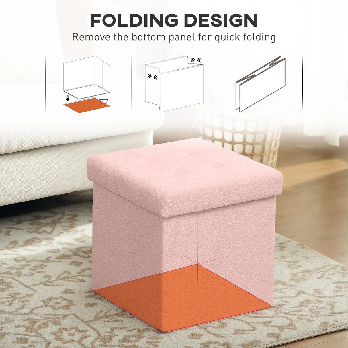 HOMCOM Foldable Sherpa Fleece Storage Ottoman - Pink