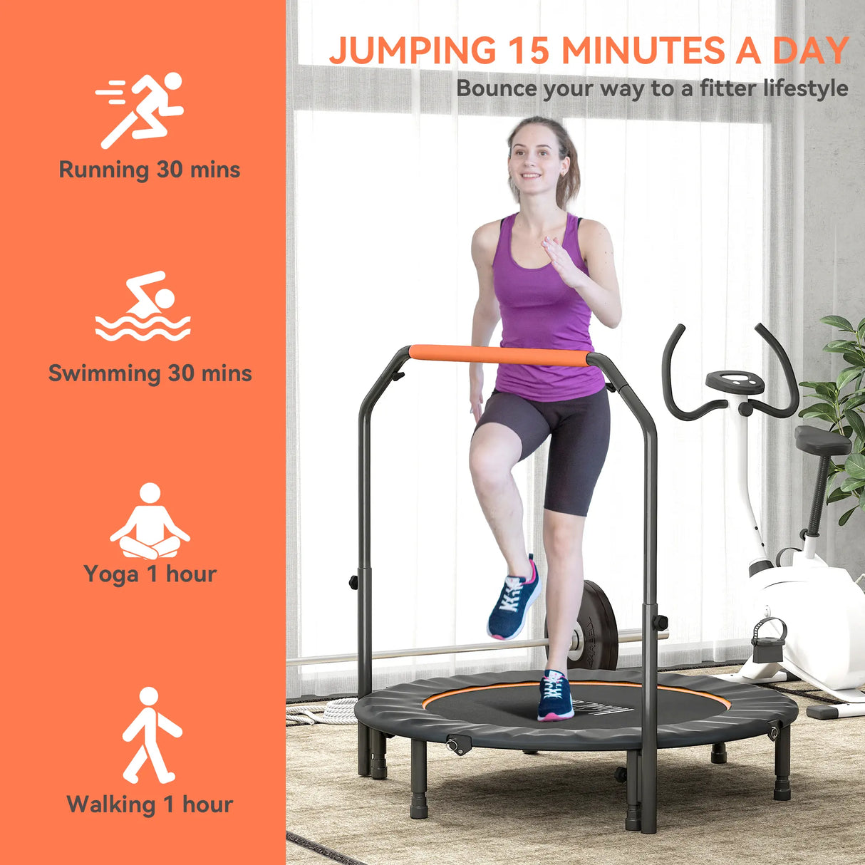 HOMCOM 48" Foldable Mini Fitness Trampoline, with Adjustable Foam Handle, Orange