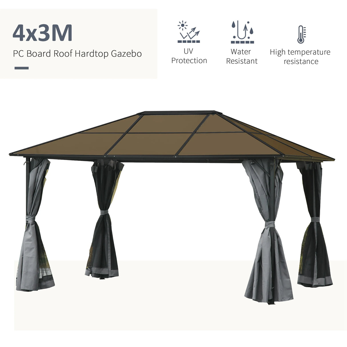Outsunny 3 x 4m Hardtop Gazebo Canopy with Polycarbonate Roof, Aluminium Frame, Permanent Pavilion Garden Gazebo with Netting and Curtains - Grey