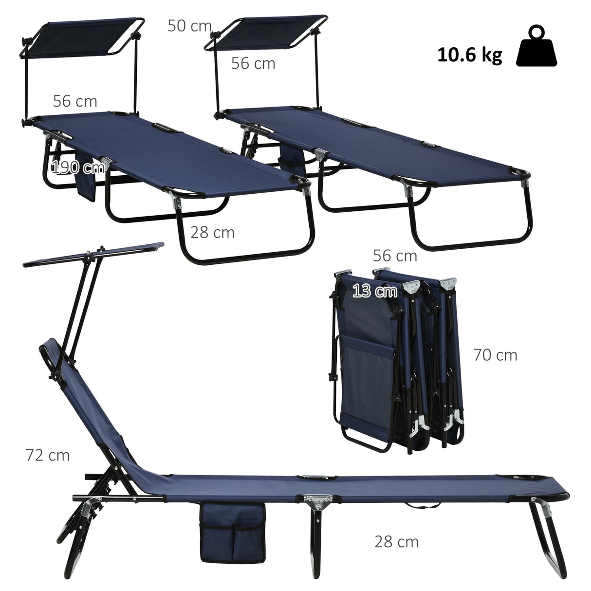 Outsunny Set of Two Folding Sun Loungers, with Adjustable Backs and Sun Canopies - Dark Blue