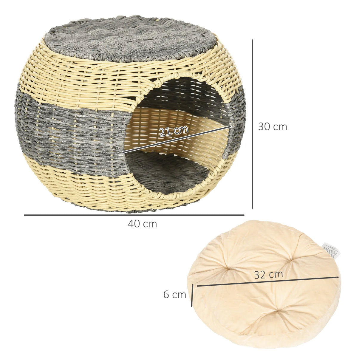 PawHut Wicker Cat House, Rattan Raised Cat Bed, Cosy Kitten Cave with Soft Washable Cushion, 40 x 30cm
