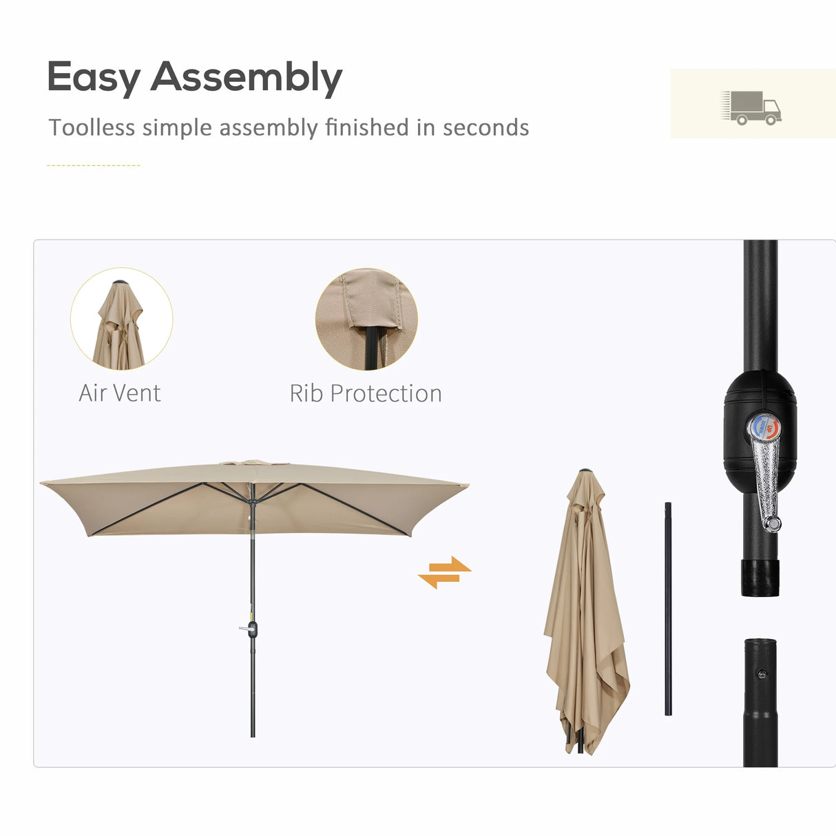 Outsunny 3x2m Patio Parasol Garden Umbrellas Canopy with Aluminium Tilt Crank Rectangular Sun Shade Steel, Khaki