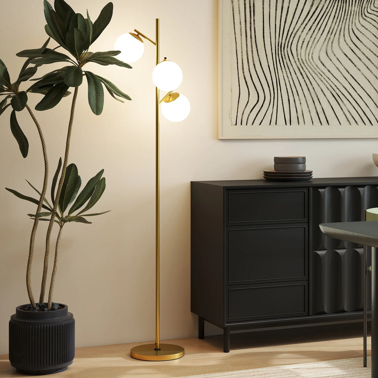 HOMCOM 3-Light Tree Floor Lamps for Living Room, Modern Standing Lamp for Bedroom with Globe Lampshade, 3000K/4000K/6000K Colour Temperatures, Steel Base, Gold Tone