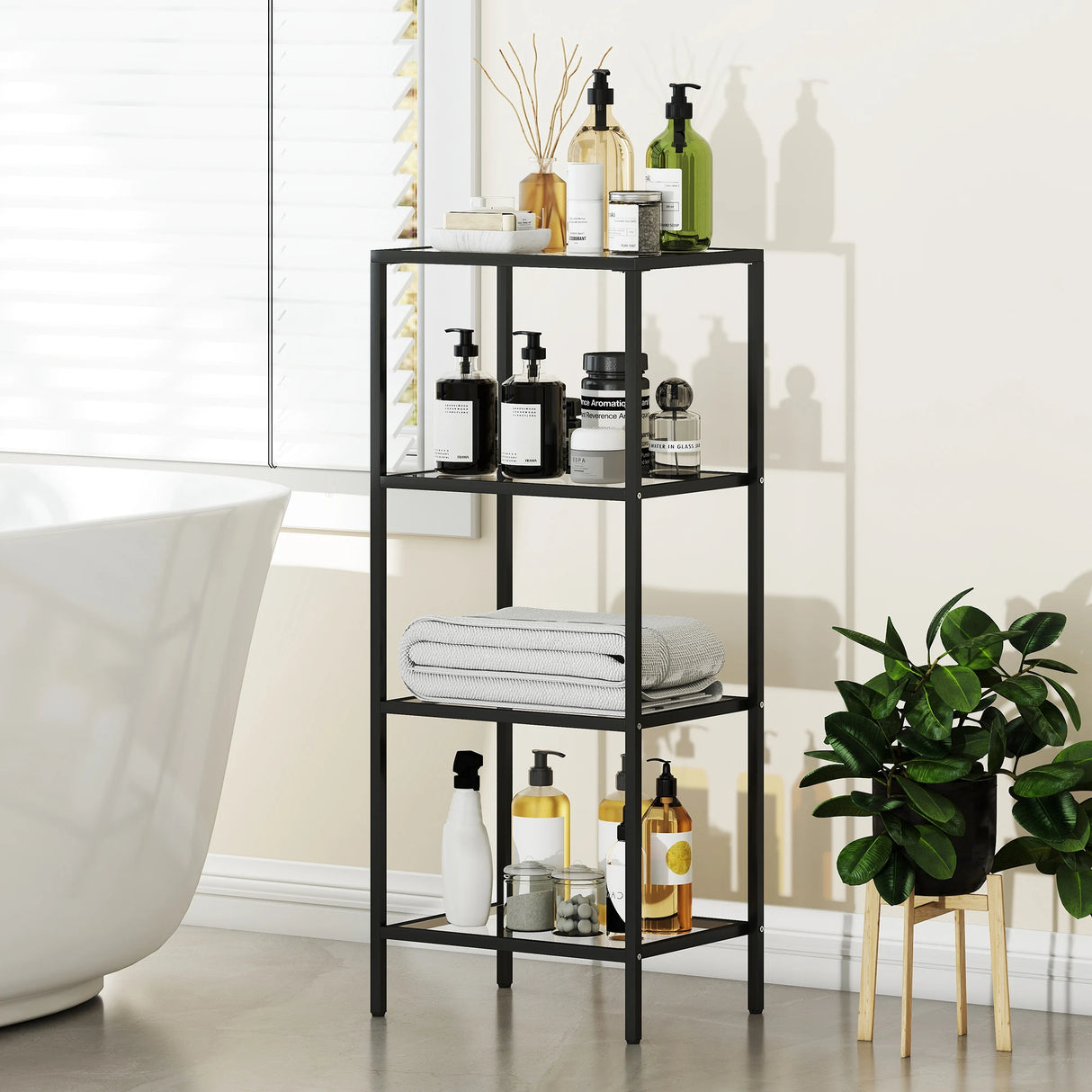 HOMCOM 4-Tier Shelving Unit, Glass Shelf, Vertical Storage Shelf for Living Room, Home Office, Bedroom, Bathroom, Black