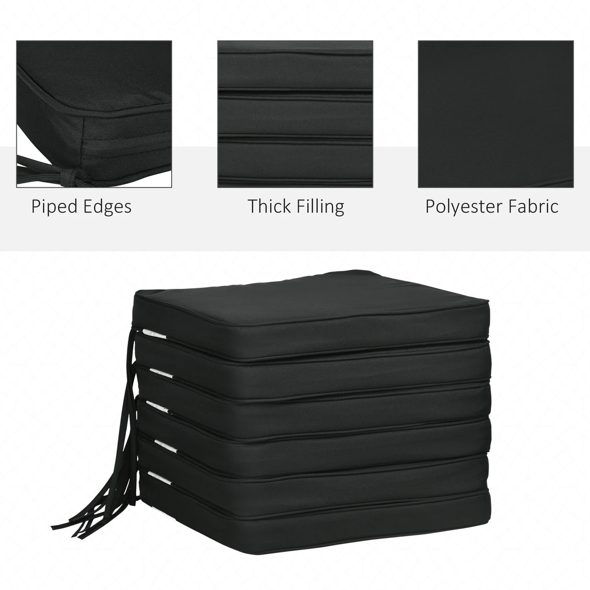 Outsunny Set of 6 Chair Cushion Seat Pads Dining Chair w/ Straps Indoor Outdoor Removable Tie On Garden Patio, Black