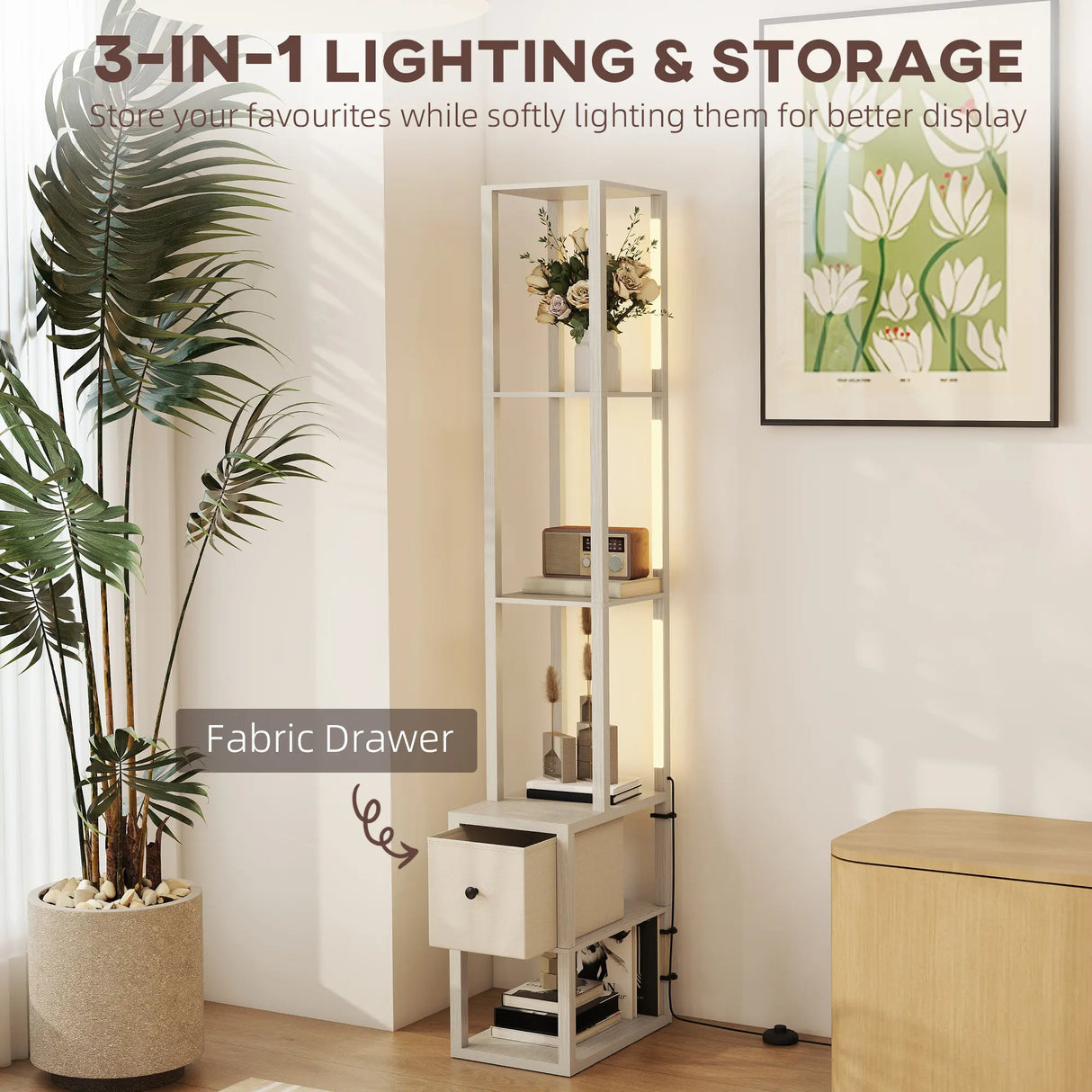 HOMCOM Floor Lamp with Shelves, LED Column Modern Standing Lamp with Fabric Drawer, Adjustable Brightness, Foot Switch for Living Room, Bedroom, Office, Oak