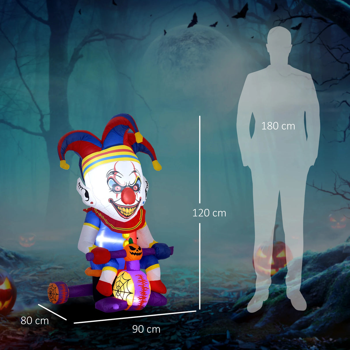 Outsunny 4ft Halloween Inflatable Clown on Bicycle, Blow Up Outdoor Halloween Decoration with 3 Built-in LED Lights for Garden, Party Indoor Outdoor