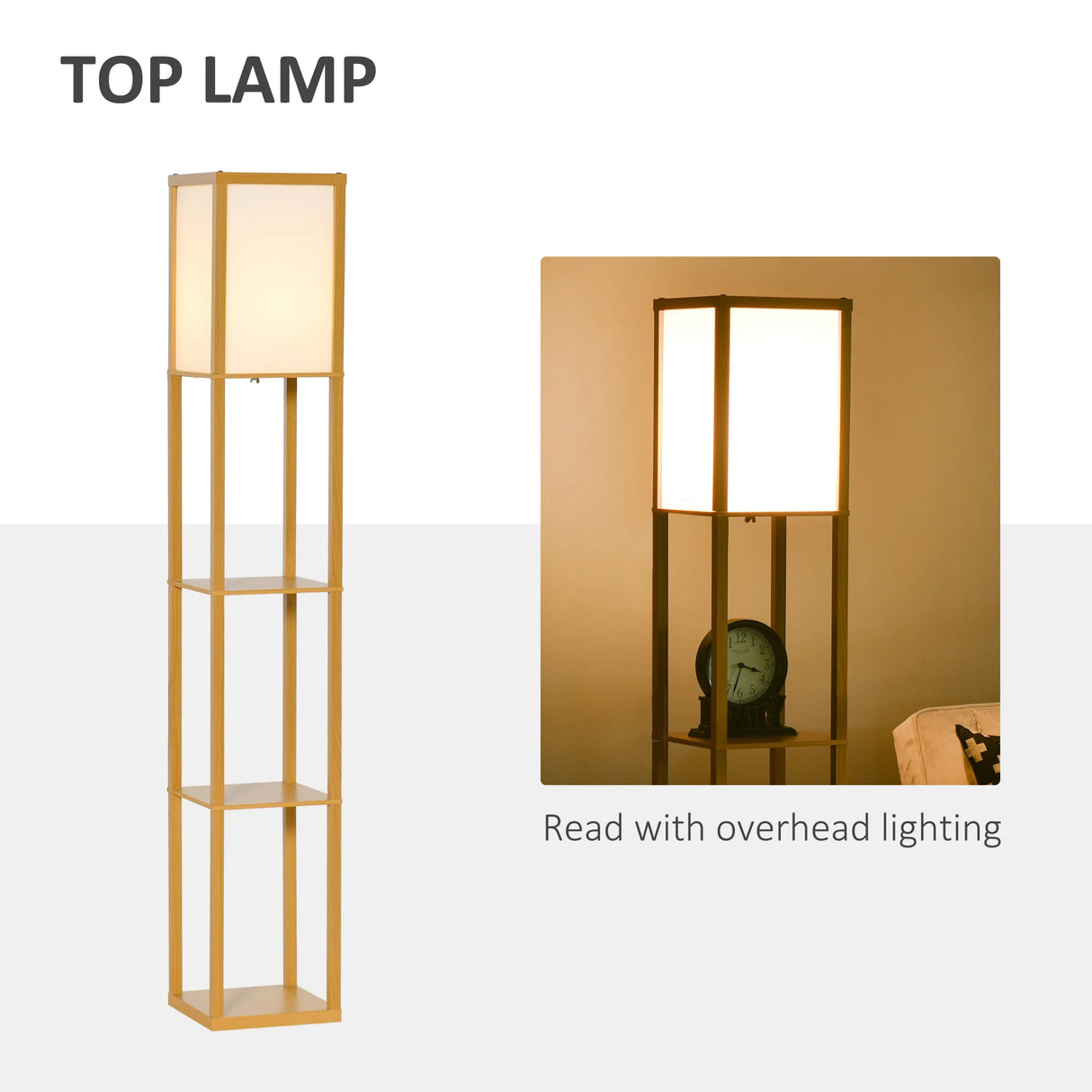 HOMCOM 3-Tier Floor Lamp, Floor Light with Storage Shelf, Reading Standing Lamp with Acrylic Shade for Living Room, Bedroom, Kitchen, Dining Room, Office, Dorm, 160cm, Natural