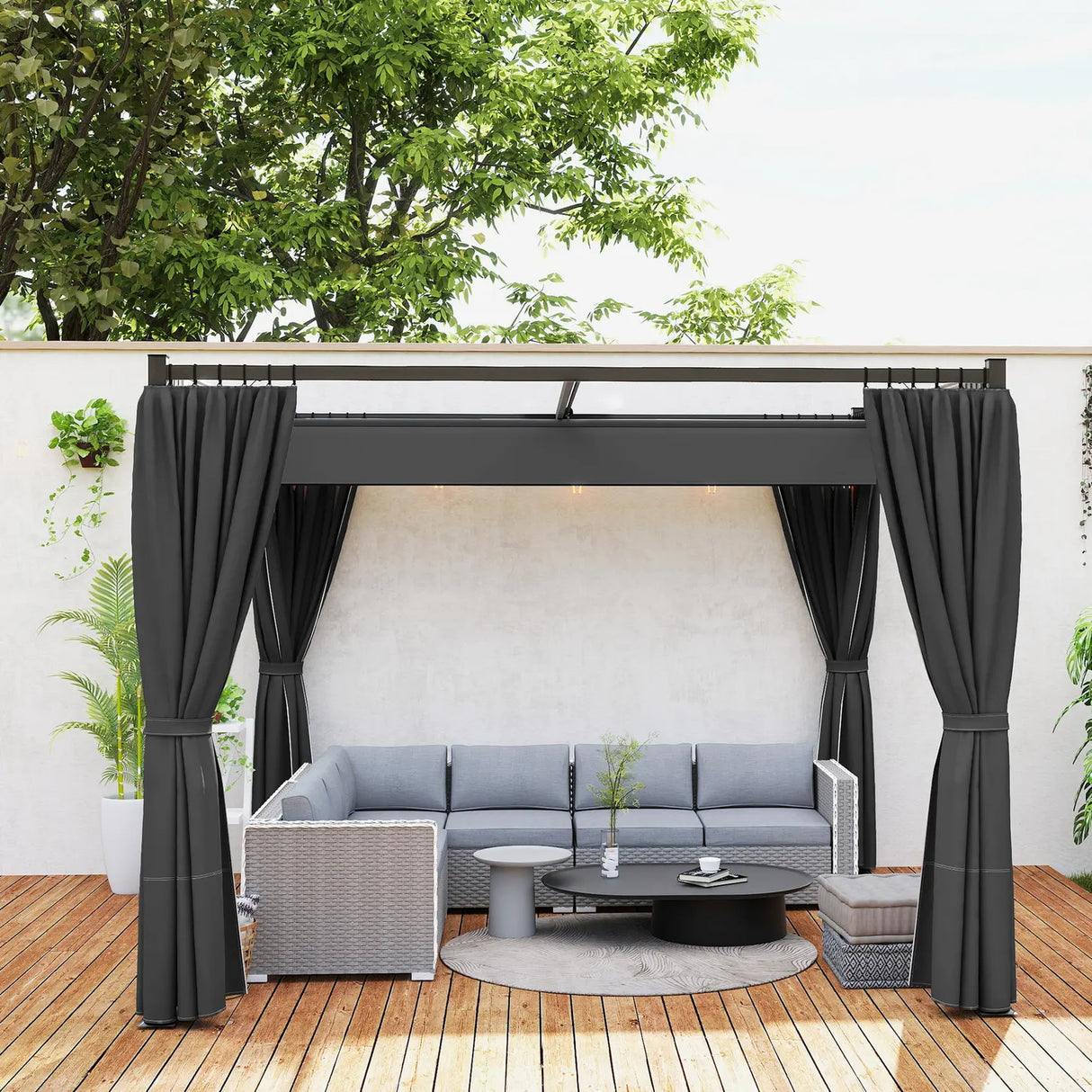 Outsunny 3 x 3(m) Retractable Pergola, Garden Gazebo Shelter with Curtains, for Grill, Patio, Deck, Charcoal Grey