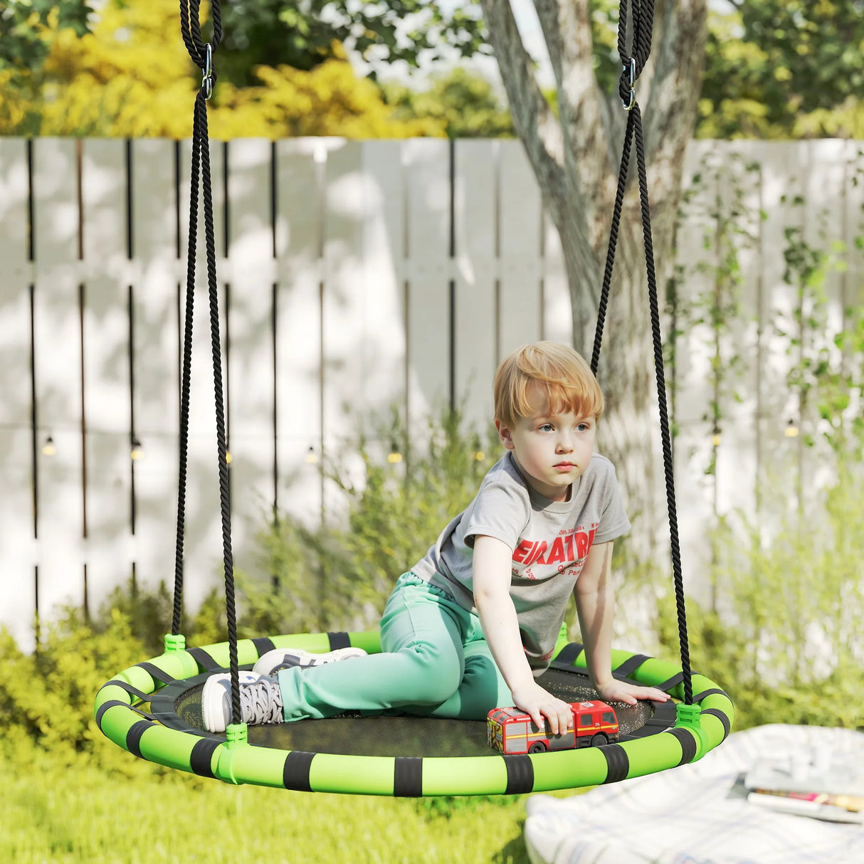 AIYAPLAY 100cm Diameter Kid Nest Swing Seat with Height Adjustable Ropes for Outdoor, Indoor, Black/Green