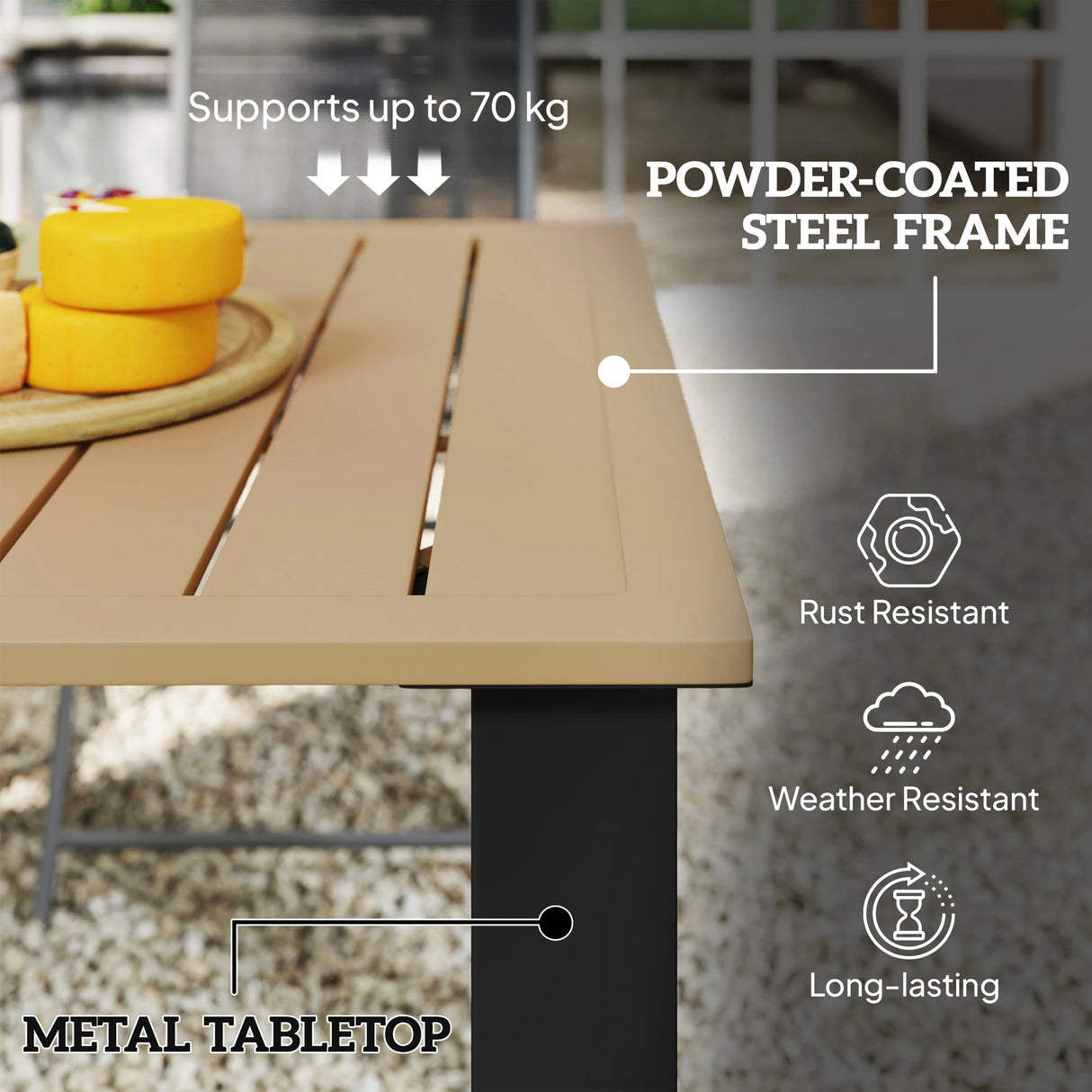 Outsunny Garden Dining Table for 6 with Parasol Hole, Rectangle Outdoor Garden Table with Slatted Metal Top, Steel Frame, Brown