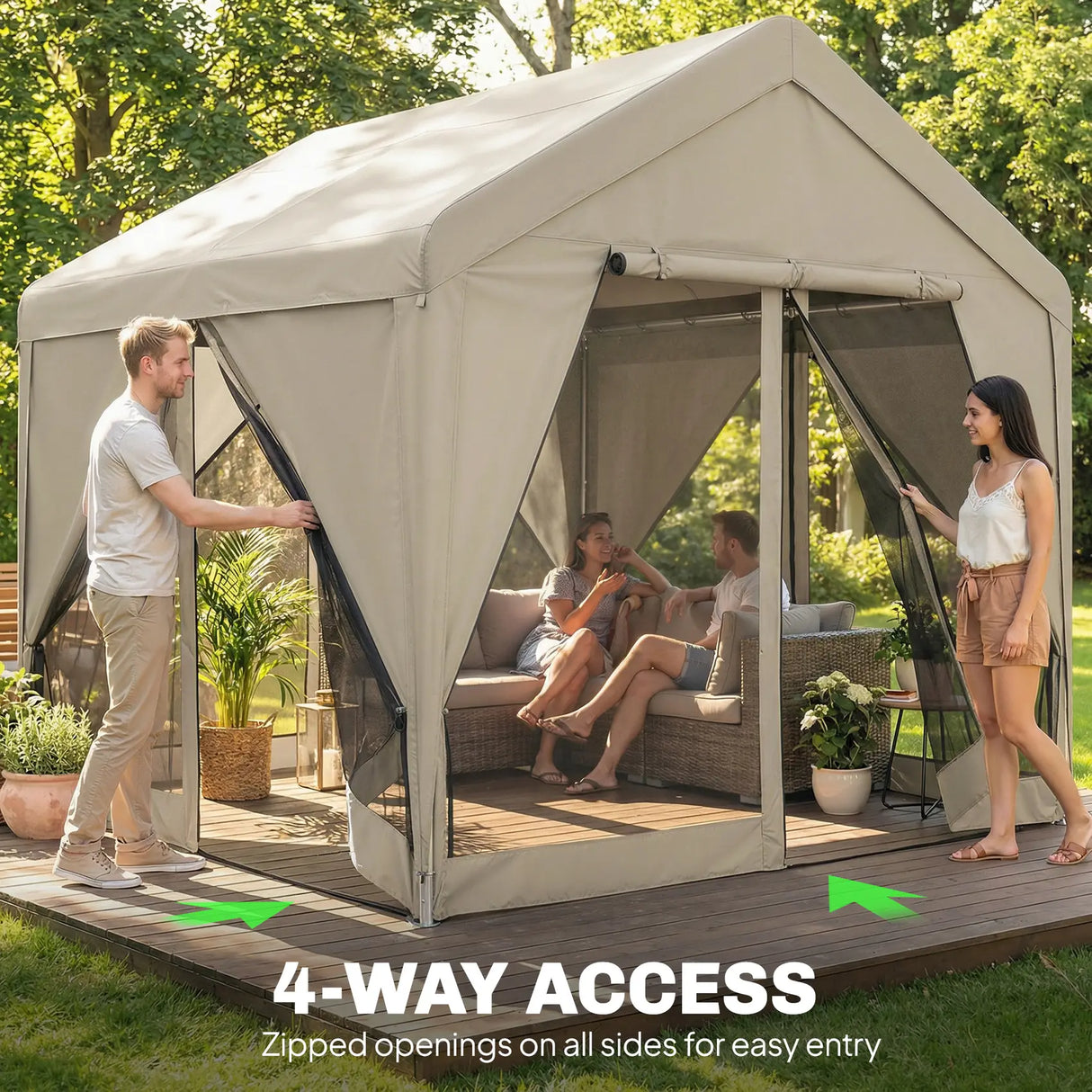 Outsunny 3 x 3 m Patio Gazebo with Netting & Curtains, Outdoor Canopy Shelter with Galvanised Steel Frame, Khaki