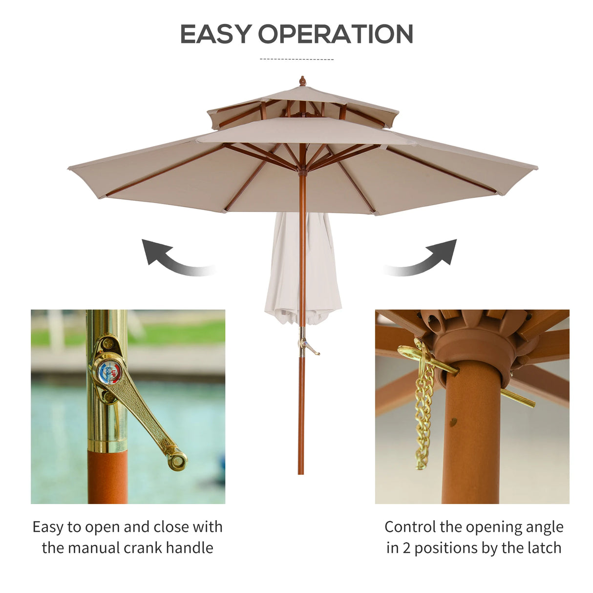 Outsunny 2.7m Wooden Parasol Elegant Two-Tier Design Garden Parasol Umbralle for Outdoor Shade, Beige