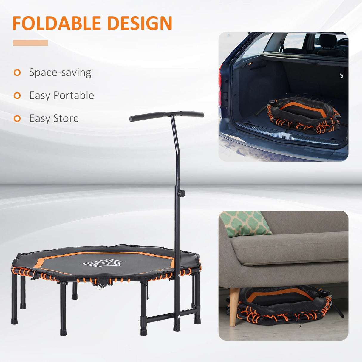 HOMCOM 48" Octagonal Mini Fitness Trampoline Rebounder Indoor Outdoor Foldable Mini Jumper with Adjustable Handle, Max Load 100 KG - Orange