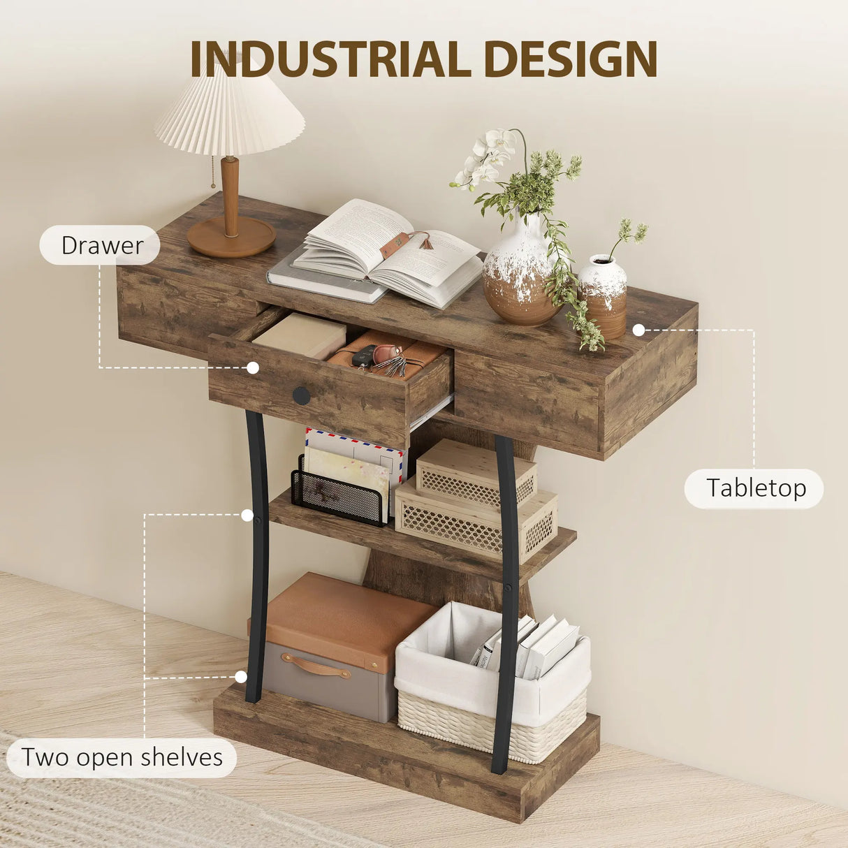 HOMCOM Console Table, 3-Tier Industrial Hallway Table with Drawer, Storage Shelves, 91 x 32 x 87 cm, Rustic Brown