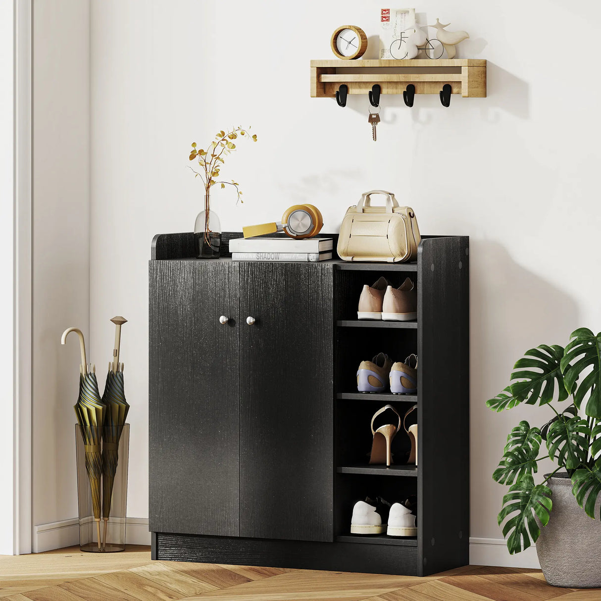 HOMCOM Shoe Storage Cabinet with Adjustable Shelves - Black