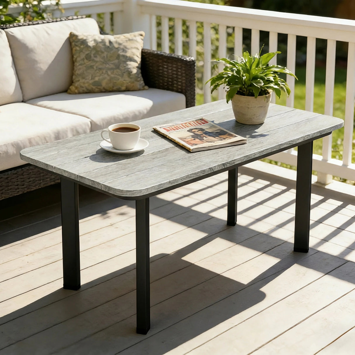 Outsunny Outdoor Garden Coffee Table, Garden Table with Slatted Wood Plastic Composite Top and Metal Frame, Grey
