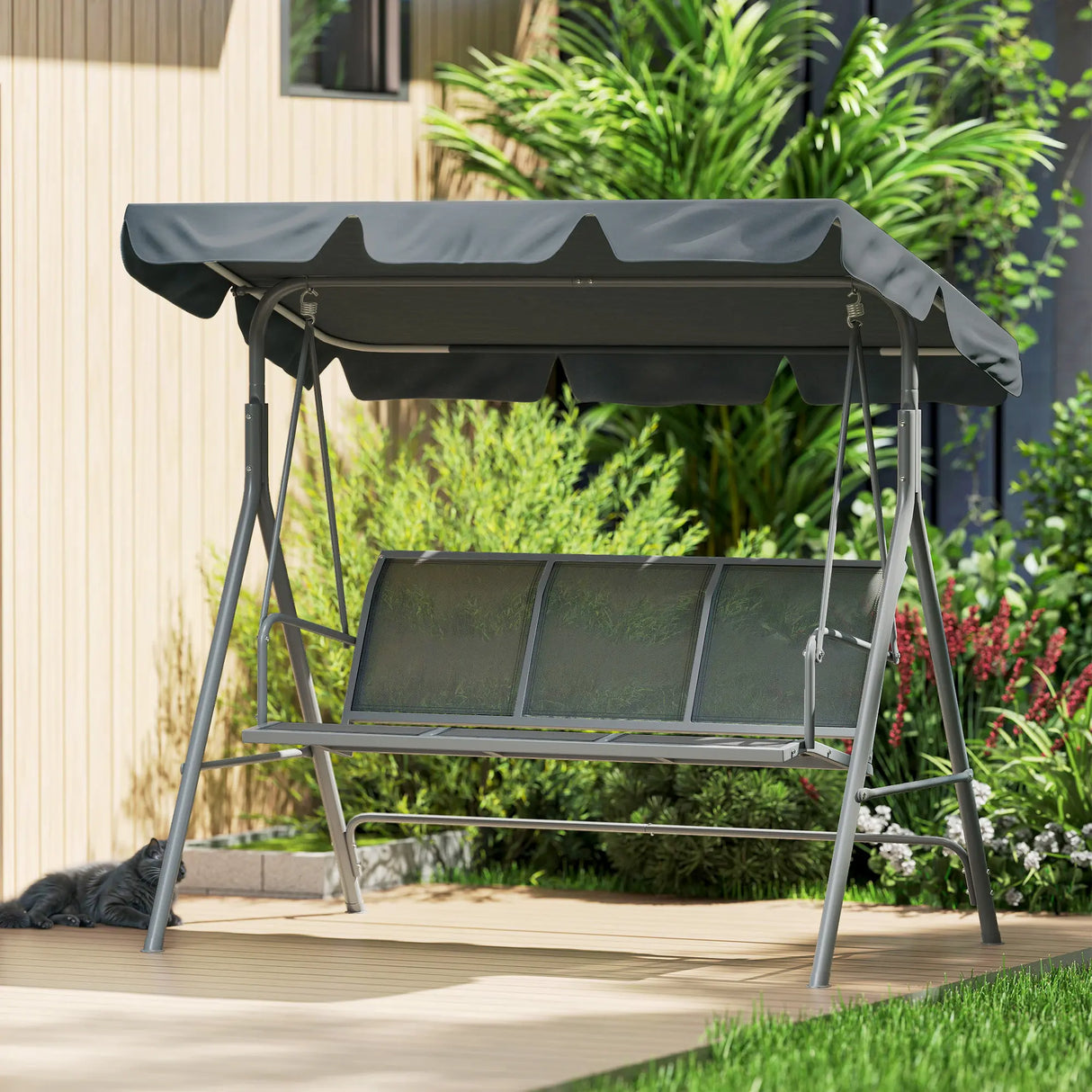 Outsunny 3 Seater Swing Chair, Garden Swing Bench with Adjustable Tilting Canopy, Breathable Mesh Seat and Heavy Duty Metal Frame for Patio, Garden, Dark Grey