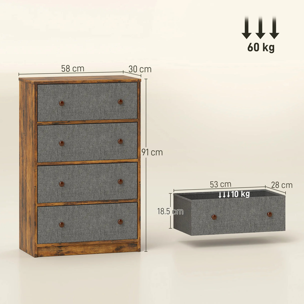 HOMCOM Chest of Drawers, Dresser with 4 Fabric Drawers - Grey and Rustic Brown